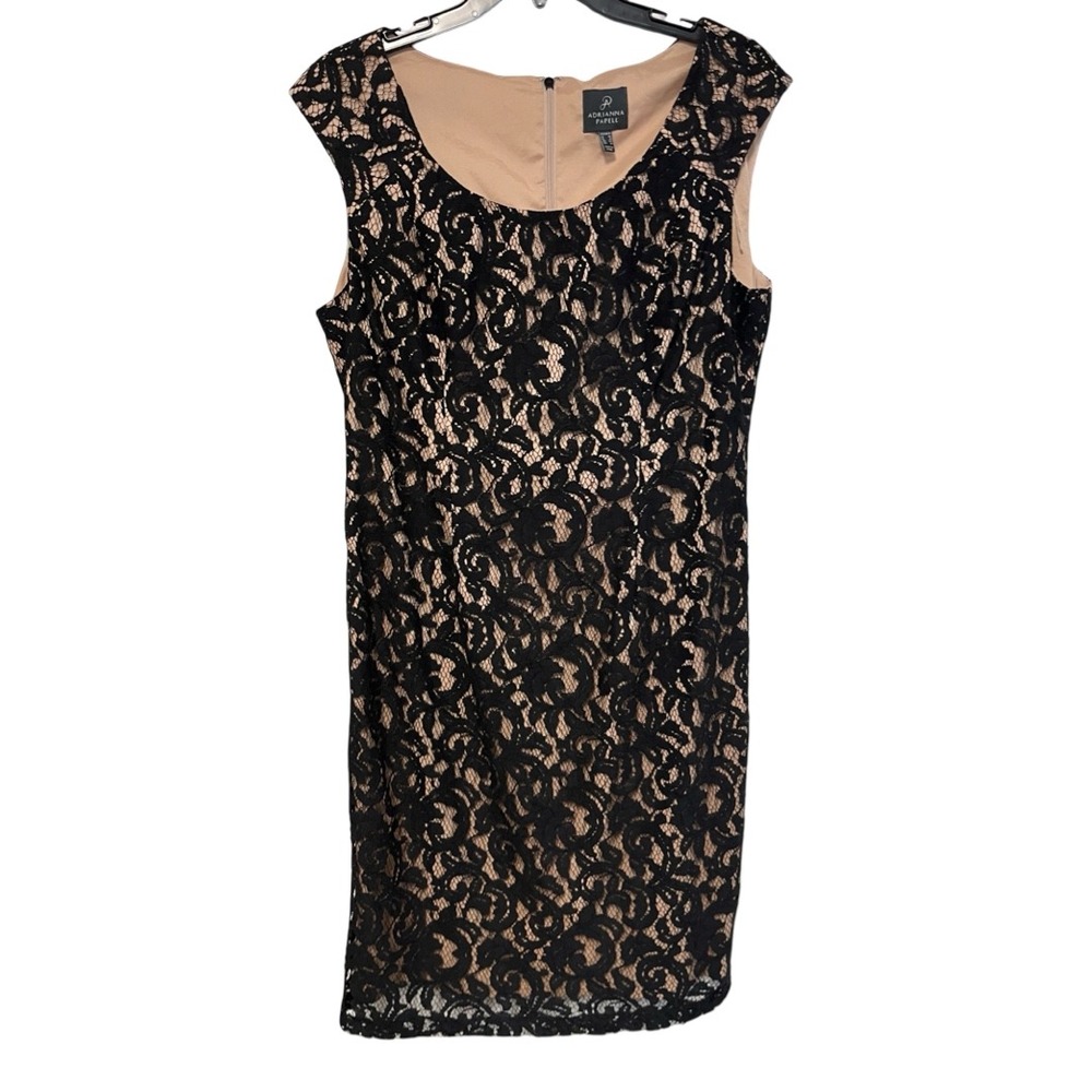 Adrianna Papell Black Lace Nude Lining Sleeveless Sheath Cocktail Dress Size 14